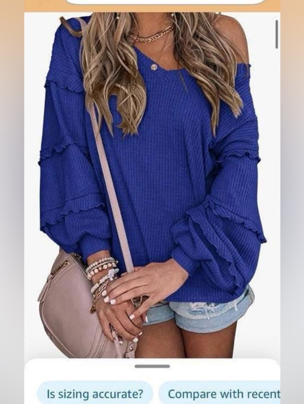Off-Shoulder Ruffle Sleeve Sweater - Blue